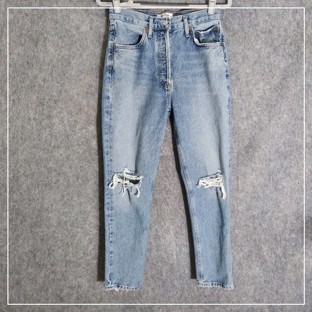 AGOLDE‎ Riley High Rise Straight Crop Distressed Jeans Light Wash Size 25